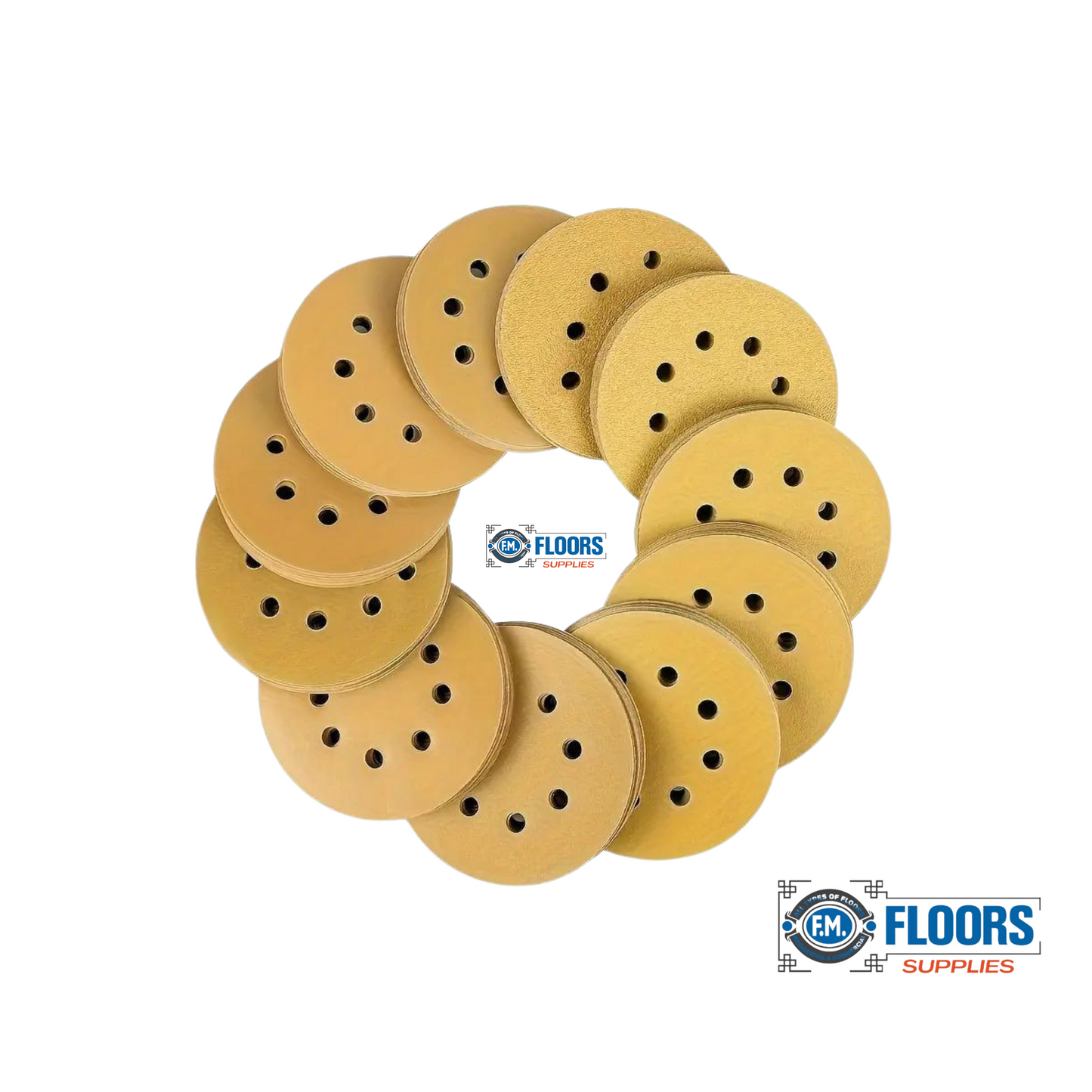 F.M. Floors Supplies Sanding Disc Set Gold 5-Inch 8-Hole Hook and Loop Sanding Discs, for Random Orbital Sander