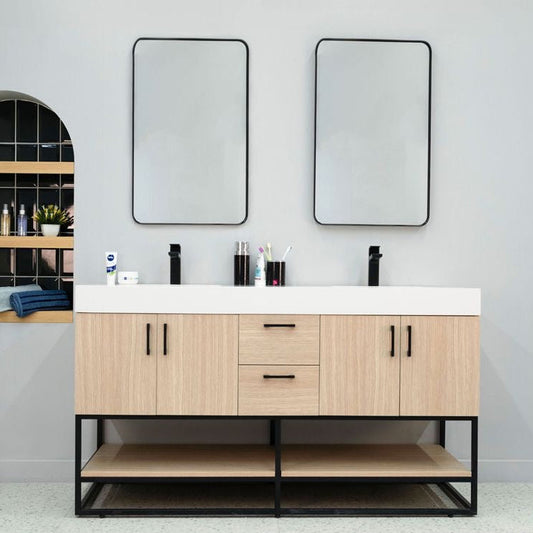 Solana Natural Oak 60" Double Bowls Bathroom Cabinet