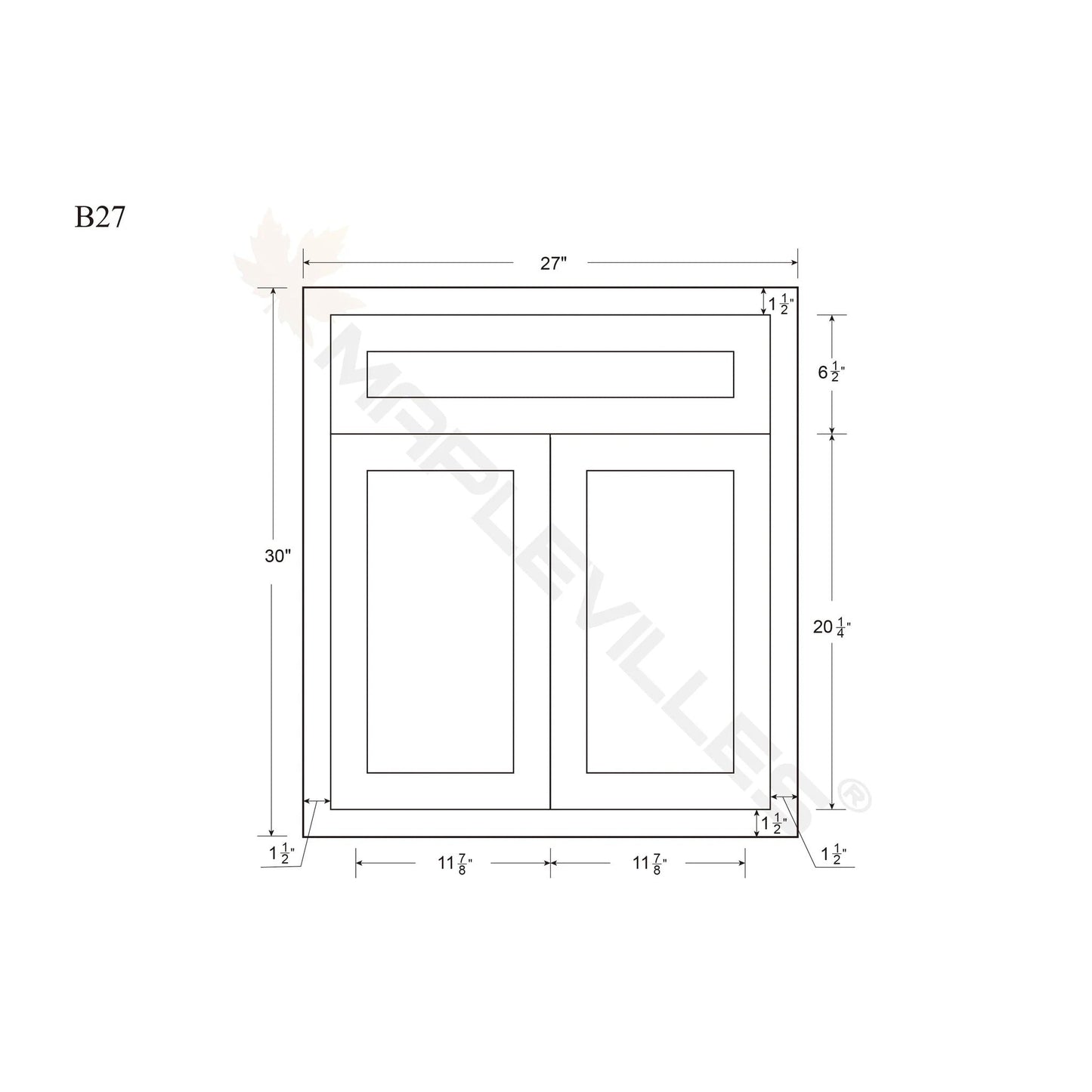 Maplevilles Cabinetry Inset 27" Wide x 35" Tall Double Door Base Cabinet with Single Drawer