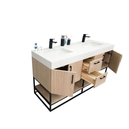 Solana Natural Oak 60" Double Bowls Bathroom Cabinet
