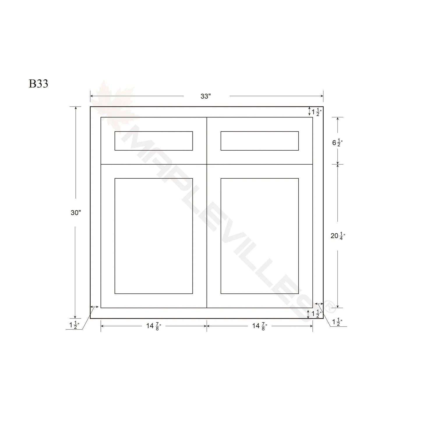 Maplevilles Cabinetry Inset 33" Wide x 35" Tall Double Door Base Cabinet with Double Drawers
