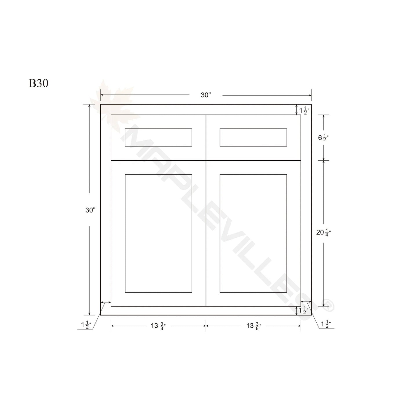 Maplevilles Cabinetry Inset 30" Wide x 35" Tall Double Door Base Cabinet with Double Drawers